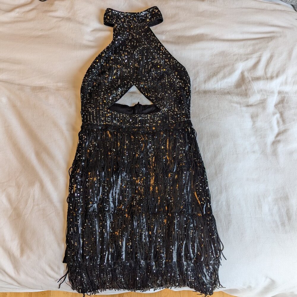 Belle Cut Out Fringe Trim Backless Sequin Halter Dress Size M - Picture 3 of 8